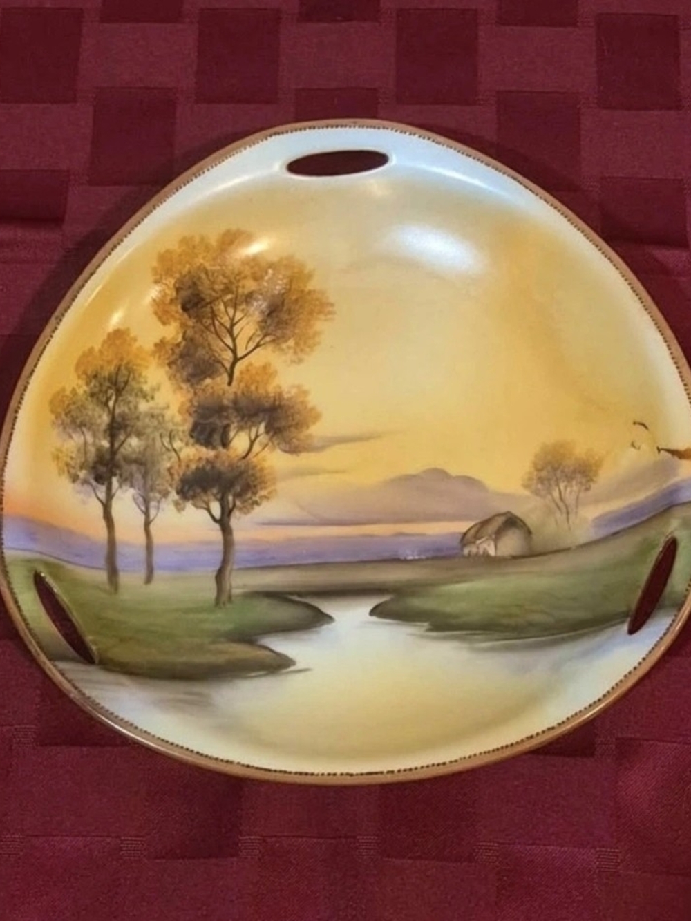 Antique Noritake Hand Painted Tree in the Meadow 3-Handle Dish Green M Mark